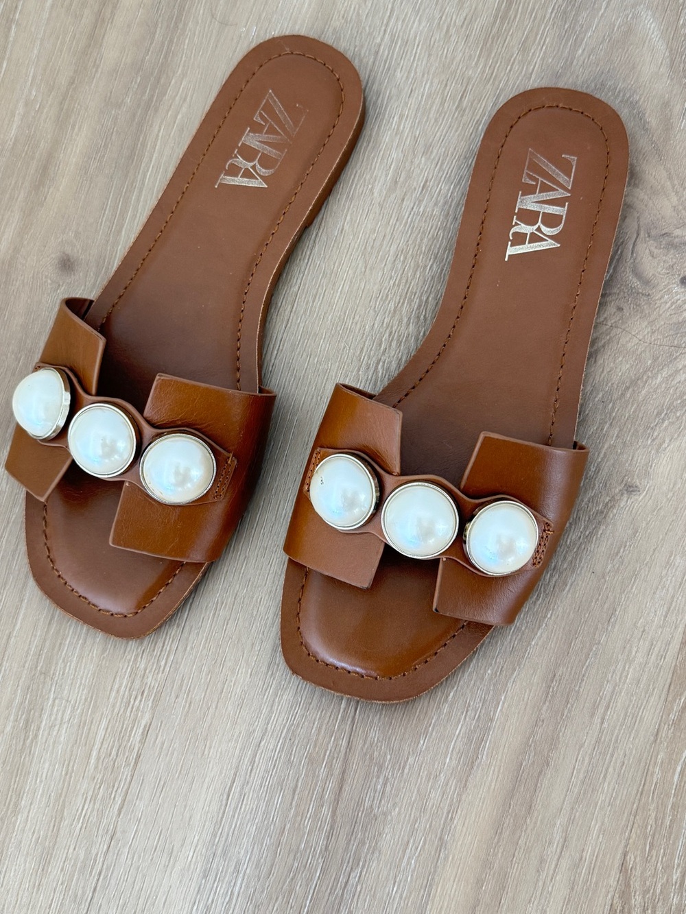 Zara Tan Slide Sandals with Pearl Embellishments